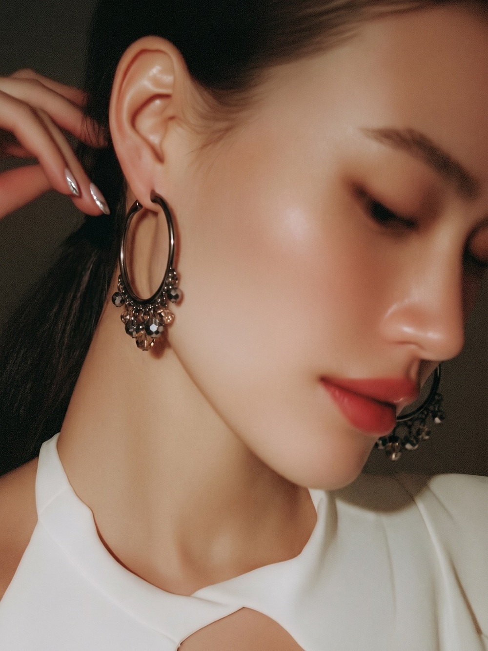 Elegant Black Hoop Earrings with Crystal Drops